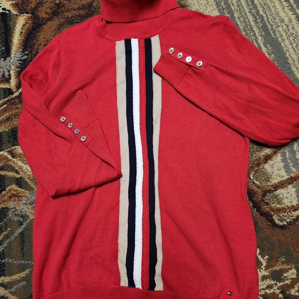 Tommy Hilfiger Red Turtleneck Sweater with Stripes